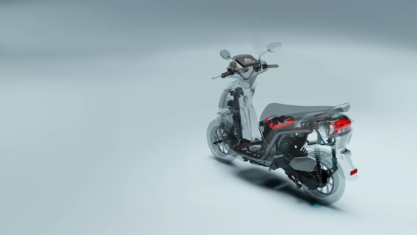 Ampere electric scooter with transparent body showing engineering and battery