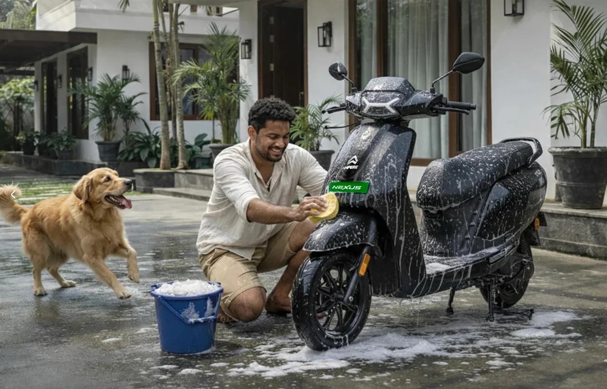 Customer washing Ampere Nexus electric scooter at home