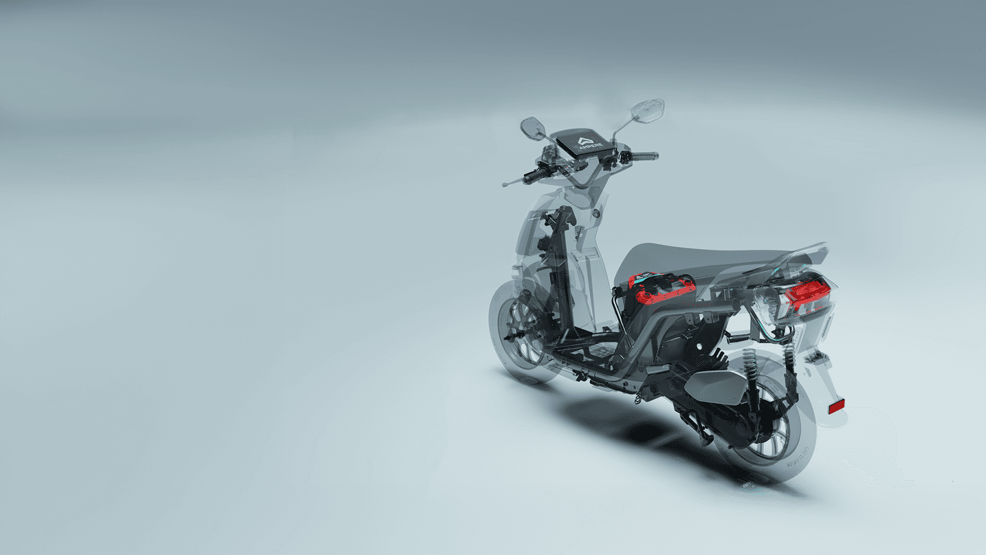 Ampere electric scooter with transparent body showing engineering and battery
